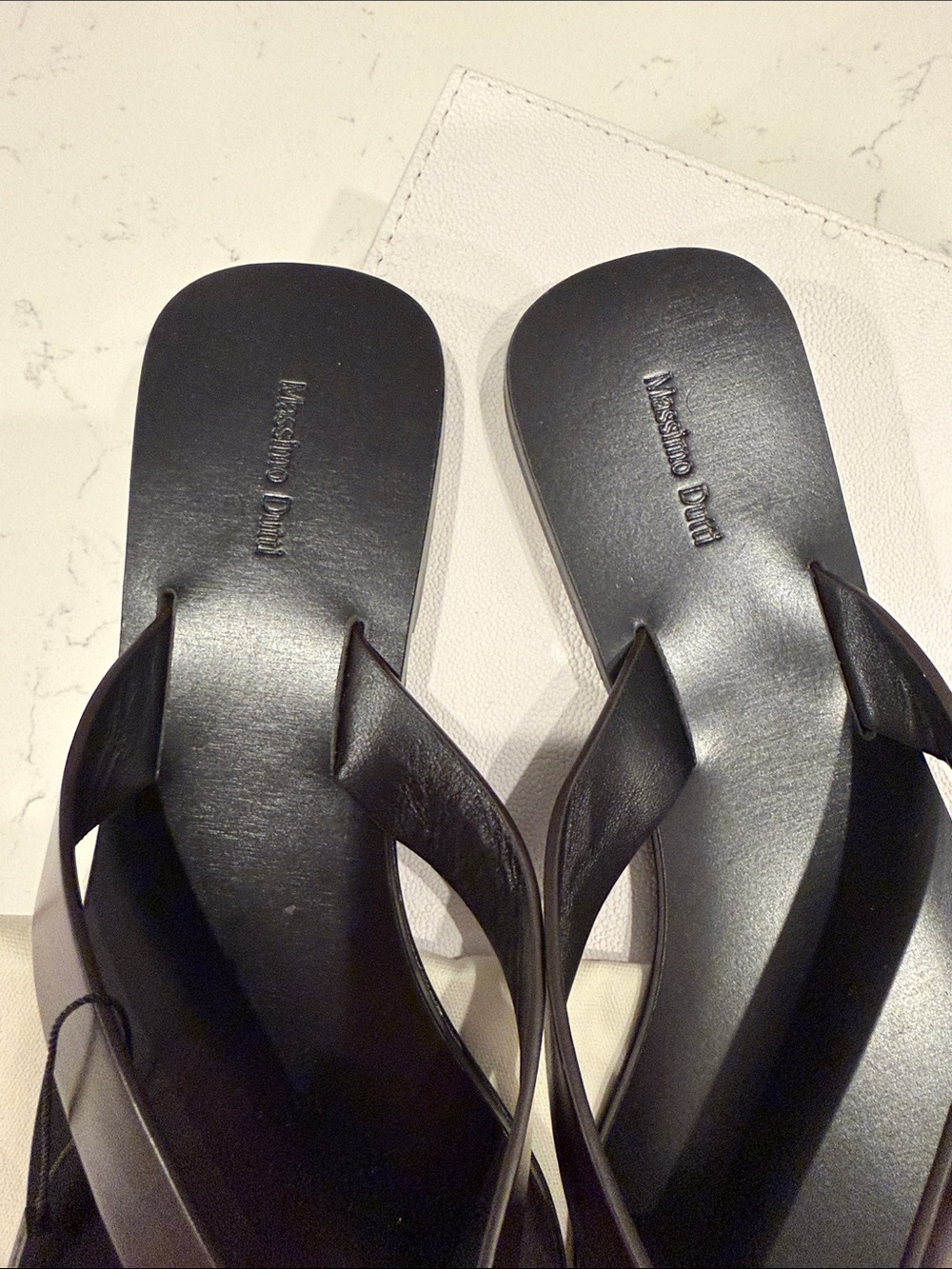 Massimo Dutti Women's Black Footbed Brown Leather Strap Square-Toe Flip Flops - Picture 3 of 5